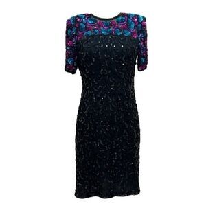 Stenay Vintage Black Silk Teal Purple Pink Sequin Dress Size 6